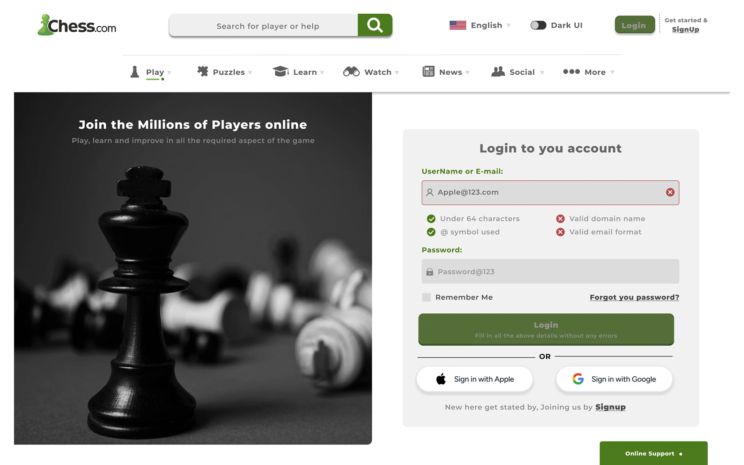 Chess.com login screen with real-time validation feedback