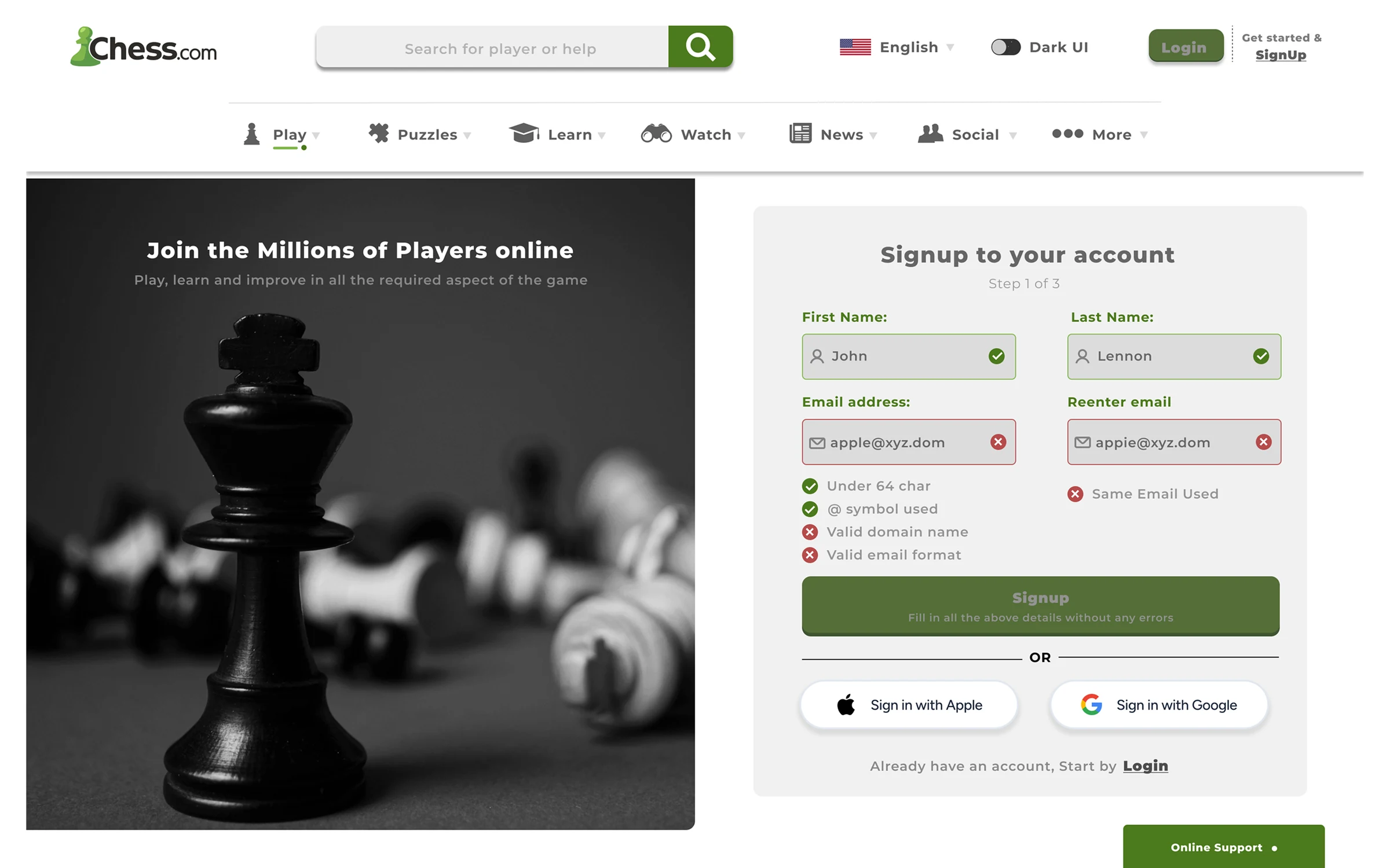 Chess.com signup screen with real-time validation feedback