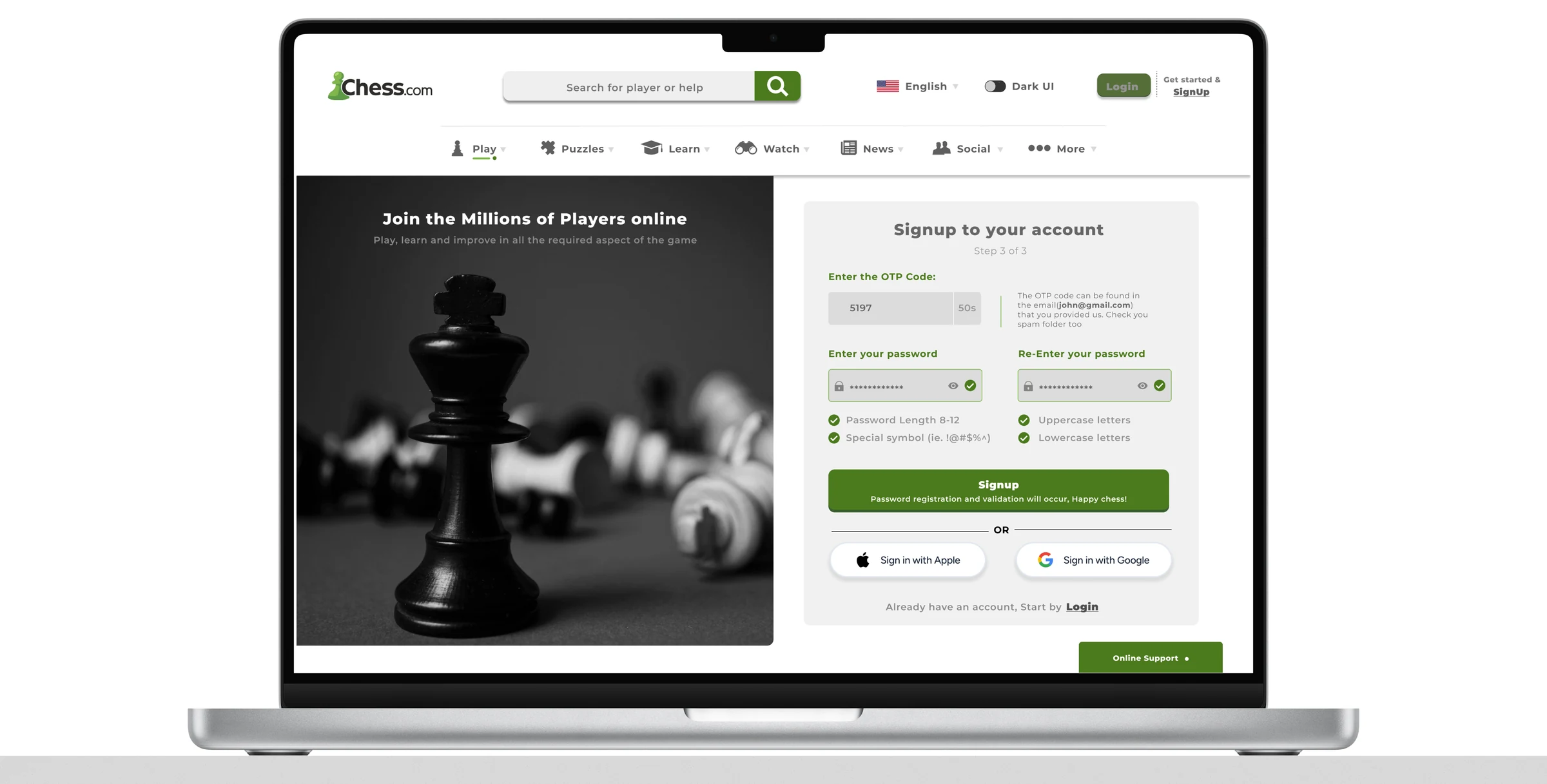 Chess.com redesigned signup step for account details