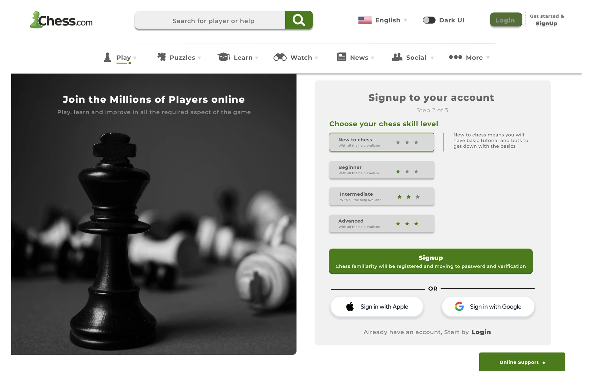 Chess.com signup step for player experience selection