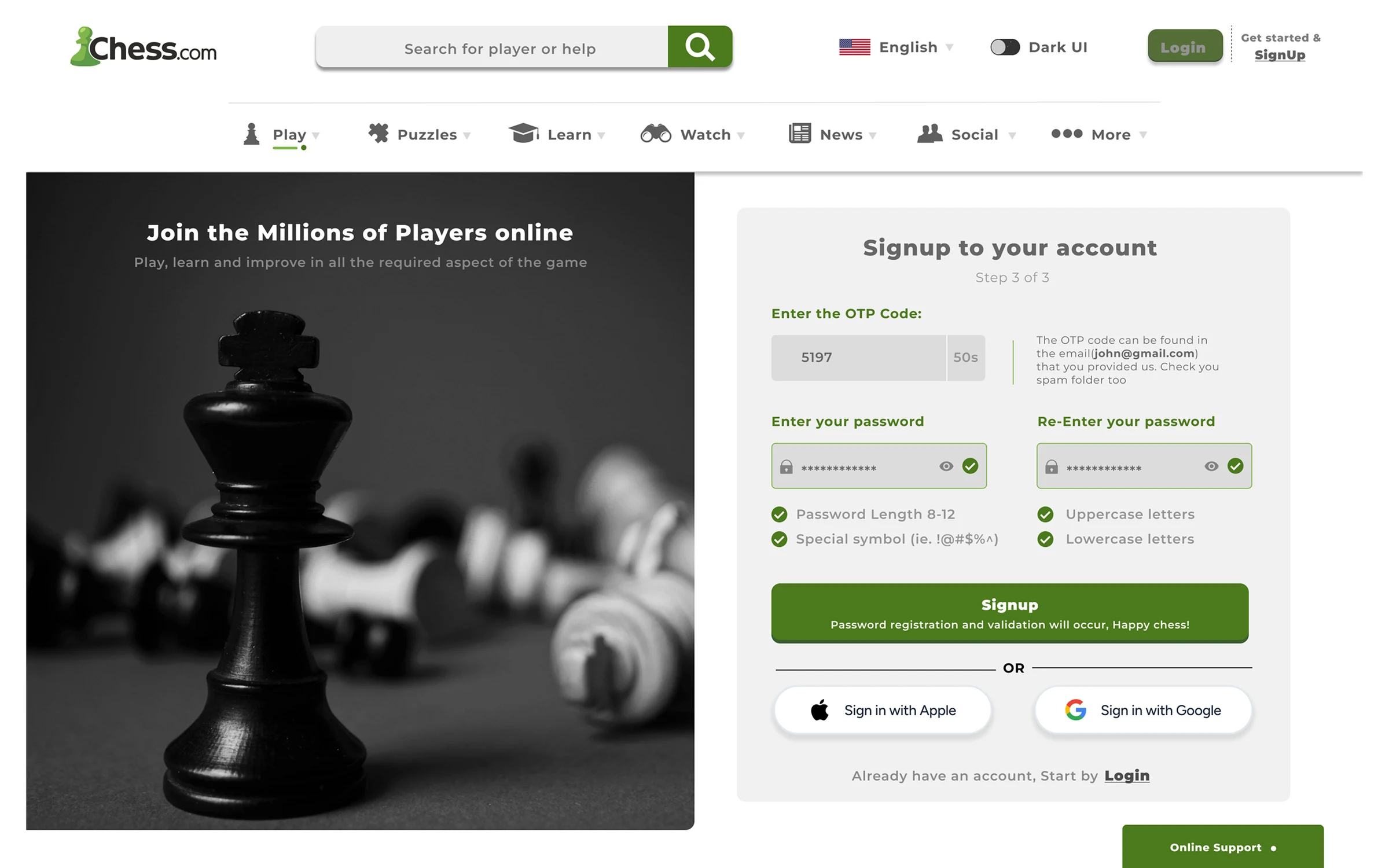 Chess.com signup step for player verification