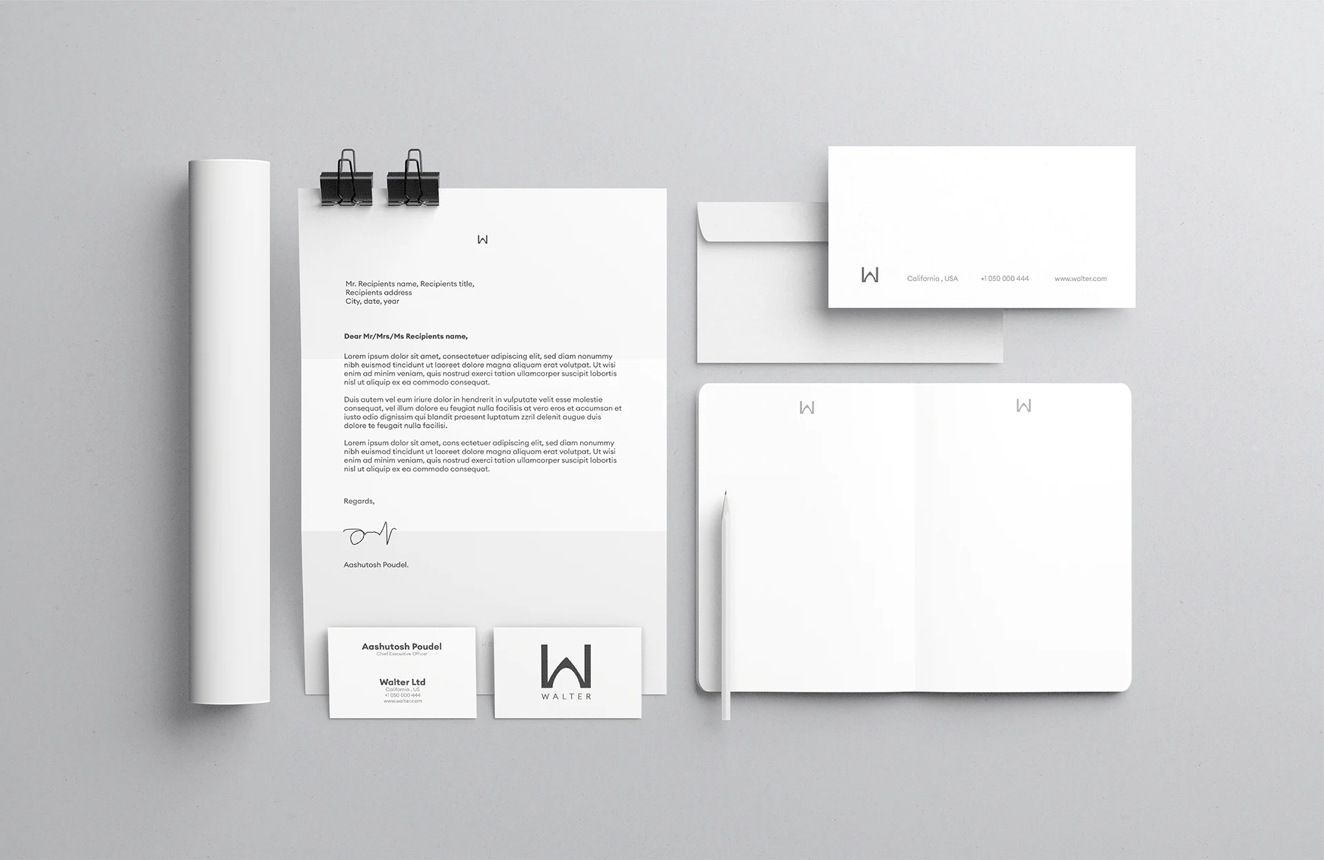 Walter stationery and brand collateral mockup