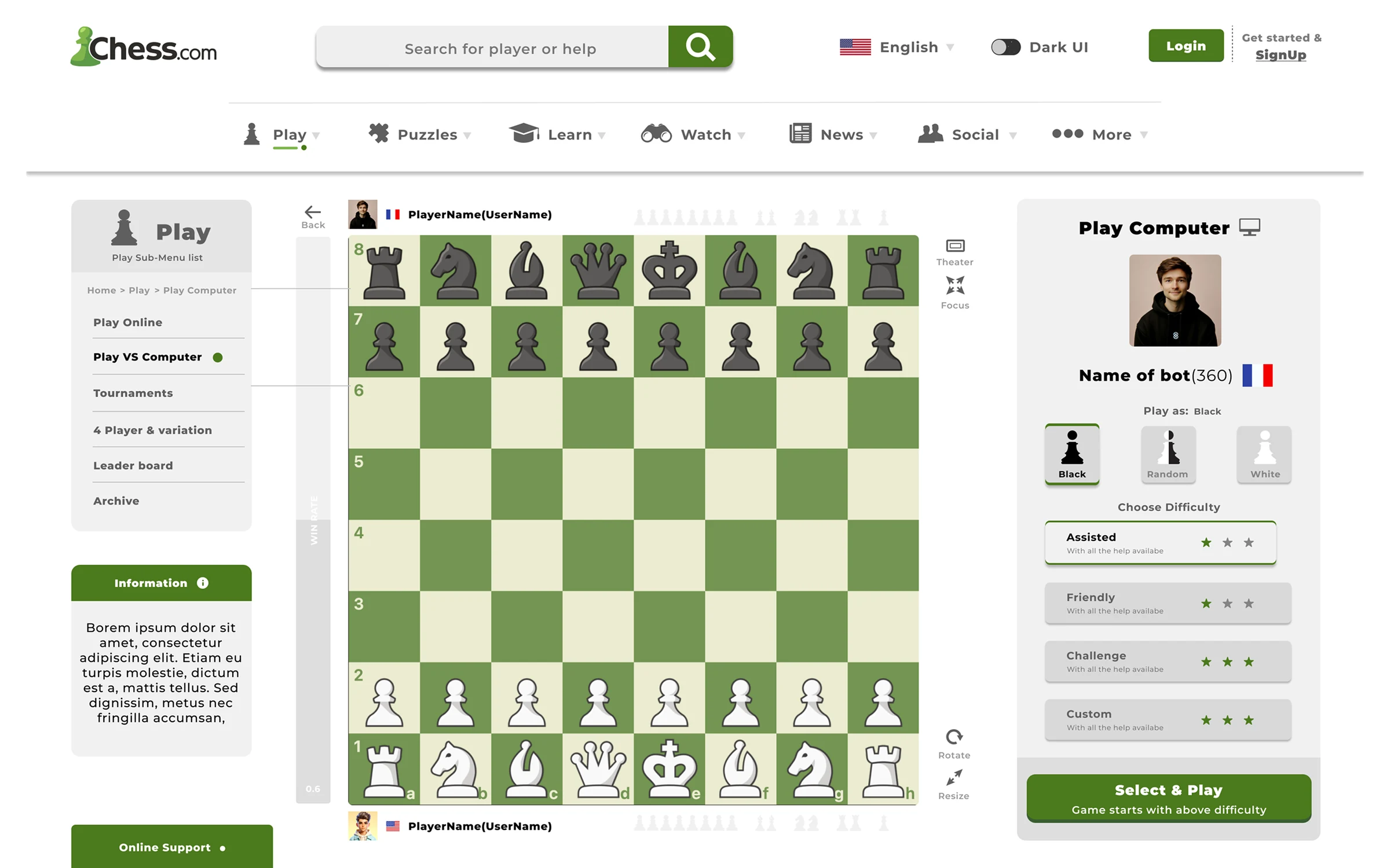 Chess.com play-versus-computer options screen