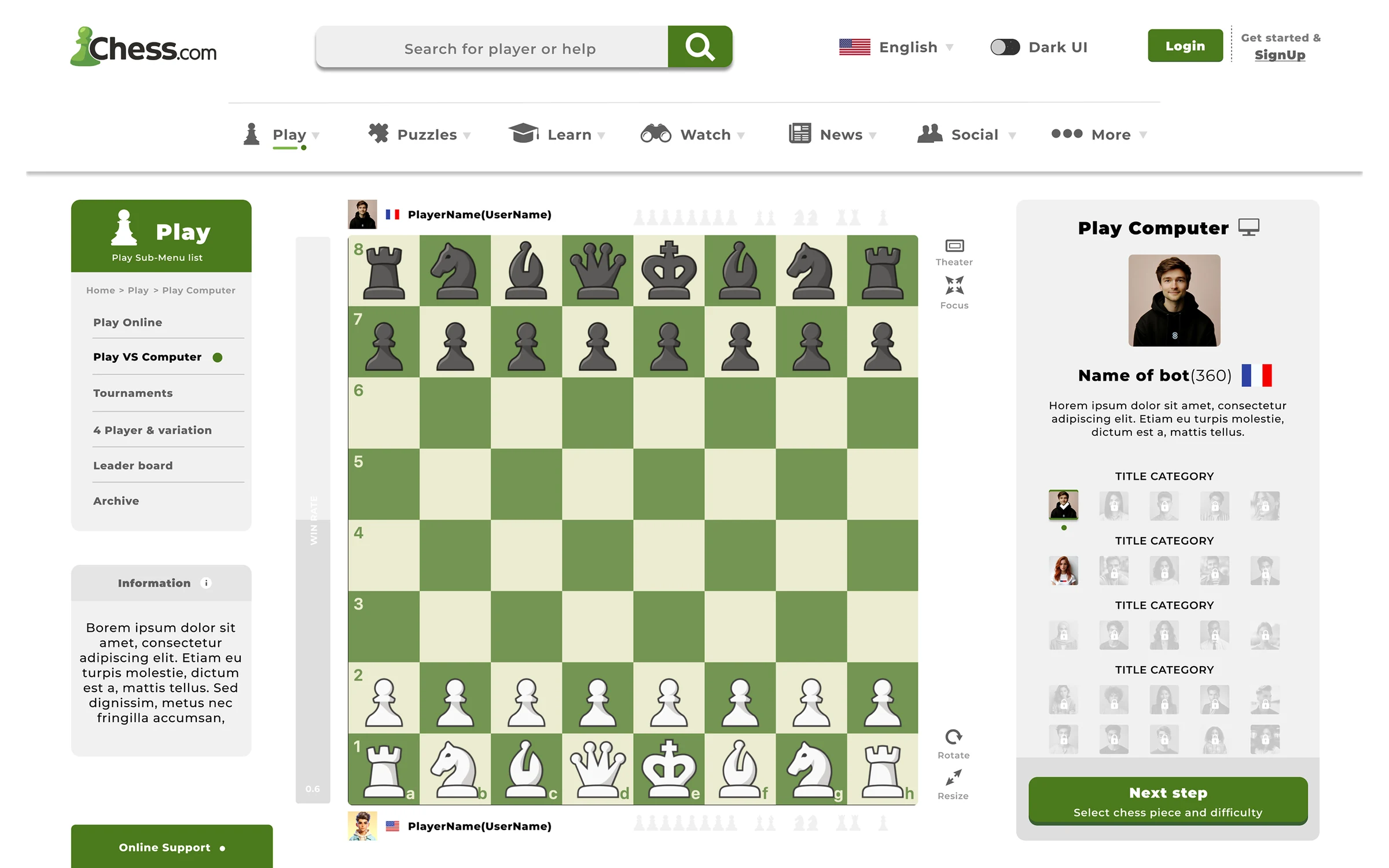 Chess.com computer difficulty selection screen