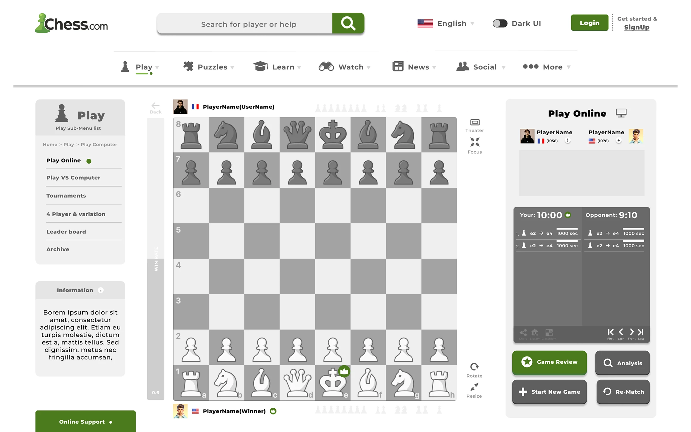 Chess.com post-game feedback and next action screen