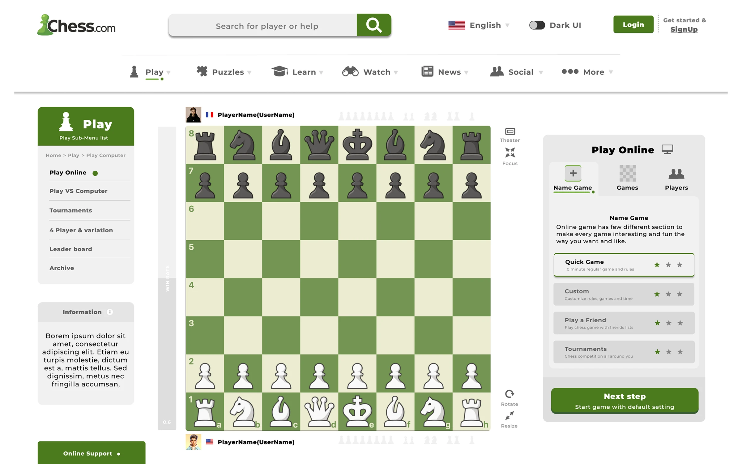 Chess.com online play options screen